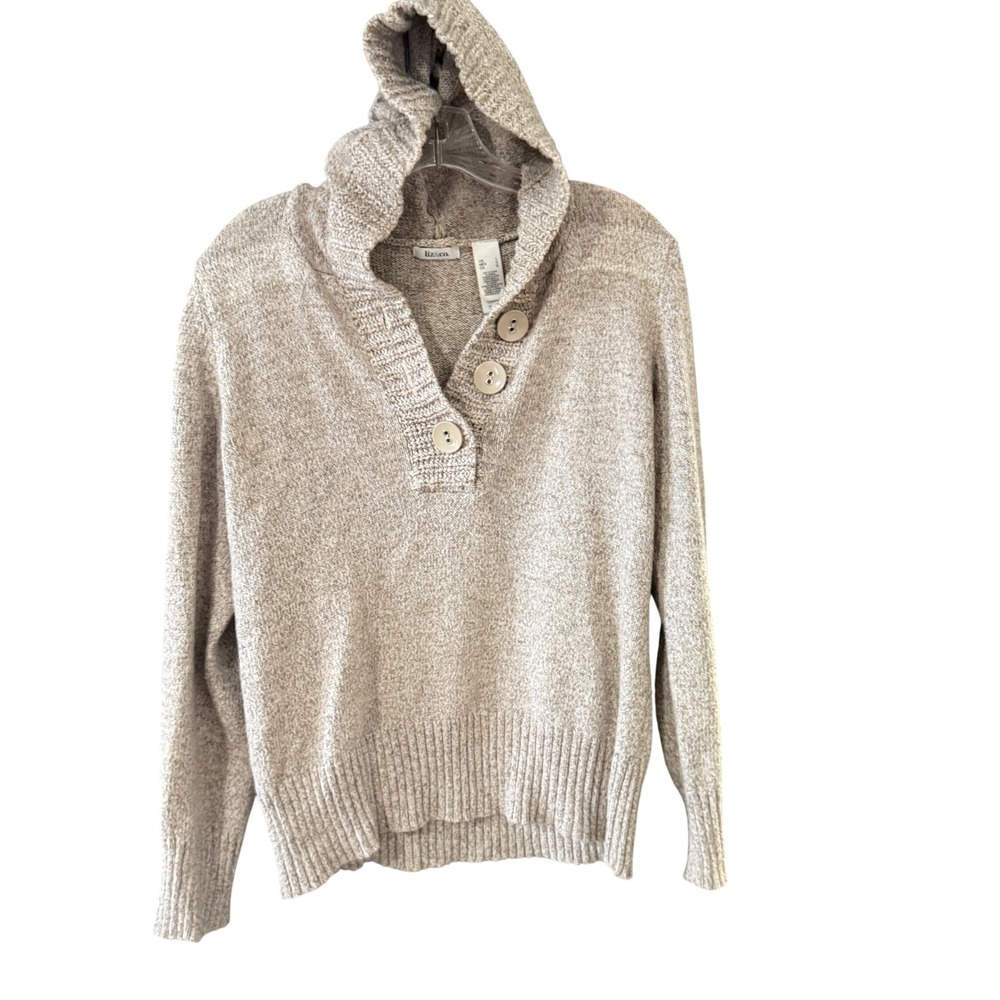 Liz & Co Womens Oatmeal Marled Knit Hoodie Henley Sweater Large Beige Pullover‎